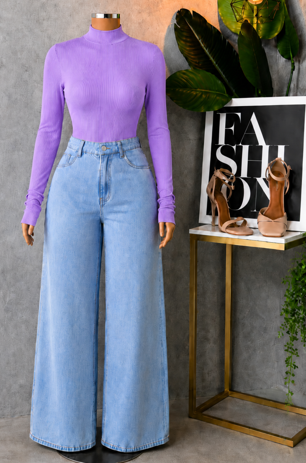Conjunto de Pantalo de Jean Bota recta + Blusa Cuello Alto