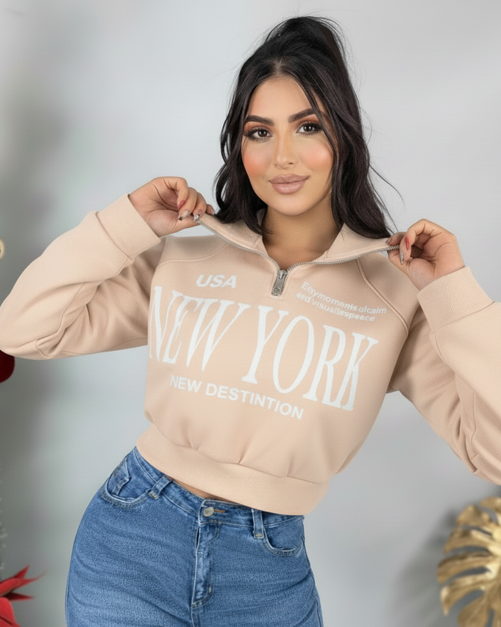 Buzo y cremallera estampado para mujer