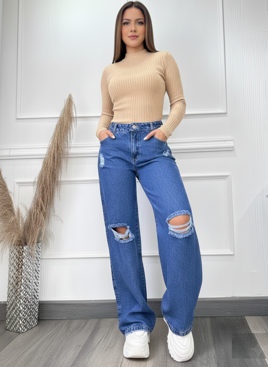 Conjunto Blusa cuello alto y Jean bota recta