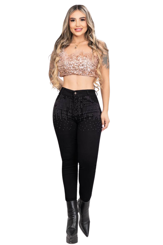 Jean skinny tiro alto con brillos con horma para mujer