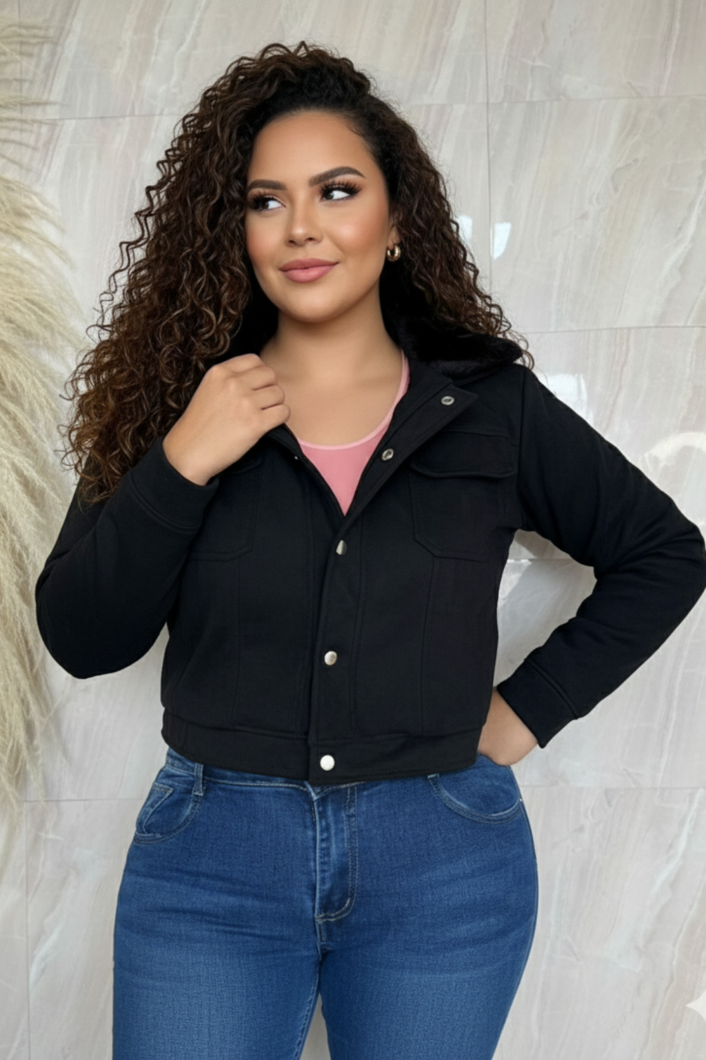 Chaqueta de gamuza para mujer con cuello peluche en talla plus