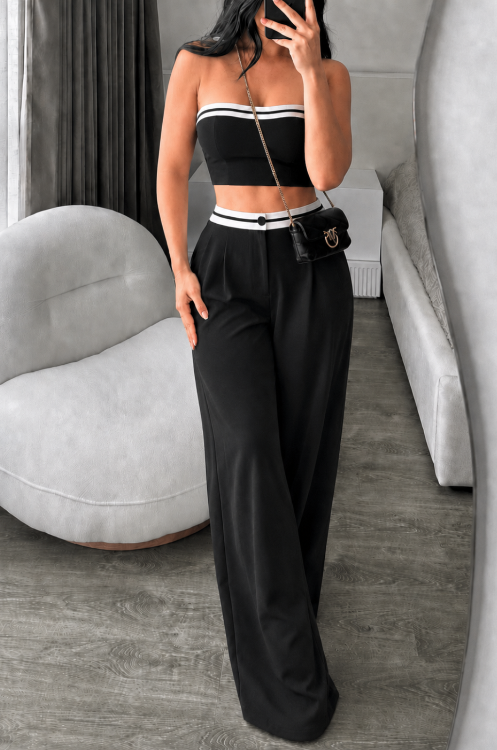 Conjunto Mujer Strapless y Pantalón Bota Recta