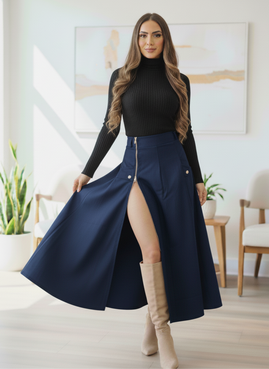 Conjunto Falda larga Cremallera y Blusa cuello alto