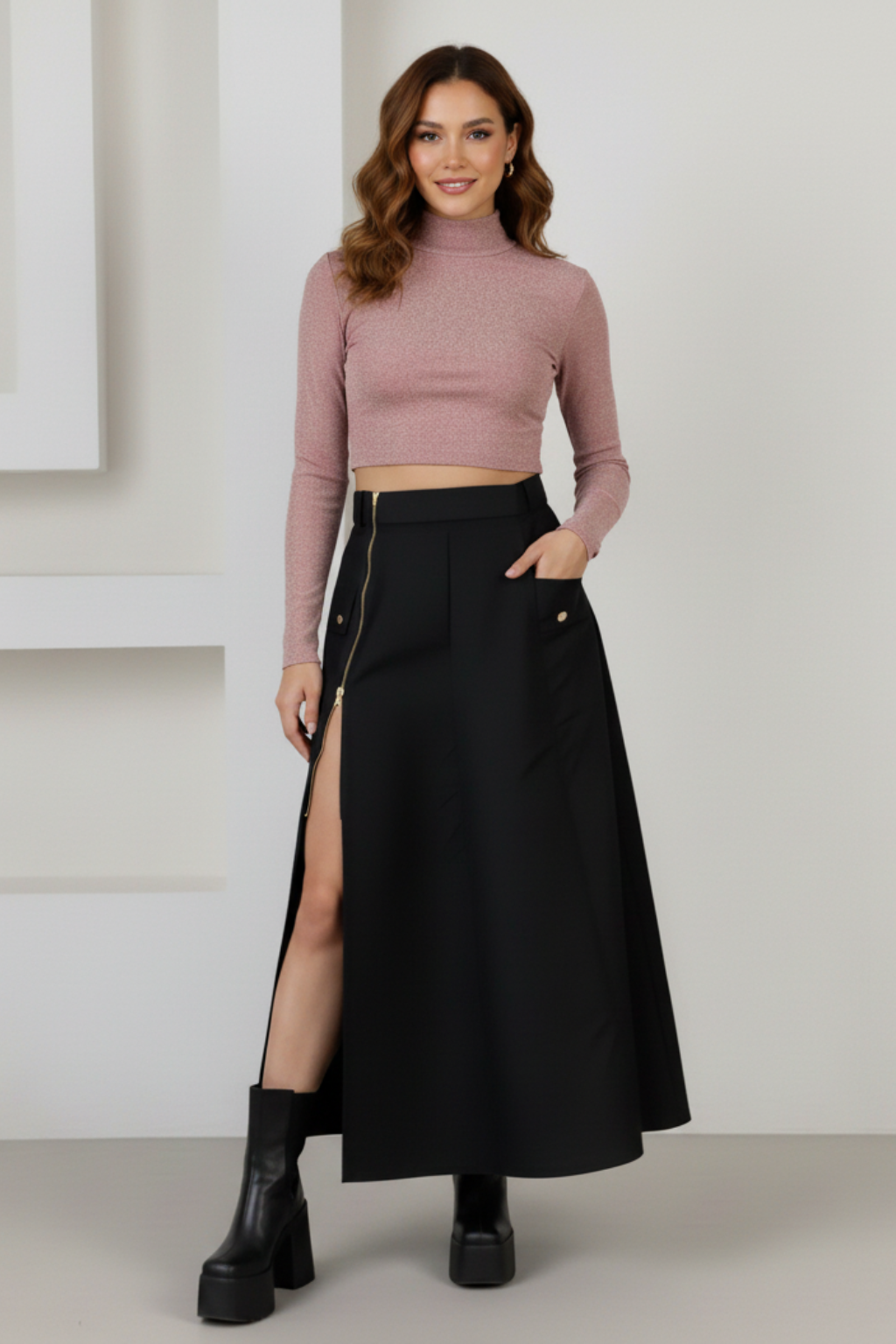 crop top con brillos y falda larga cremallera