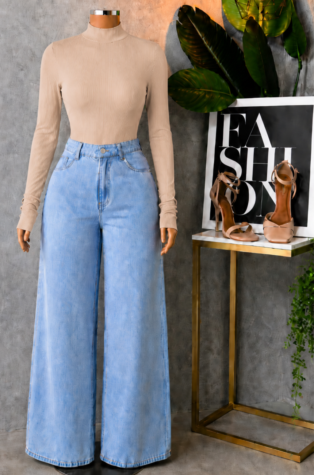 Conjunto de Pantalo de Jean Bota recta + Blusa Cuello Alto
