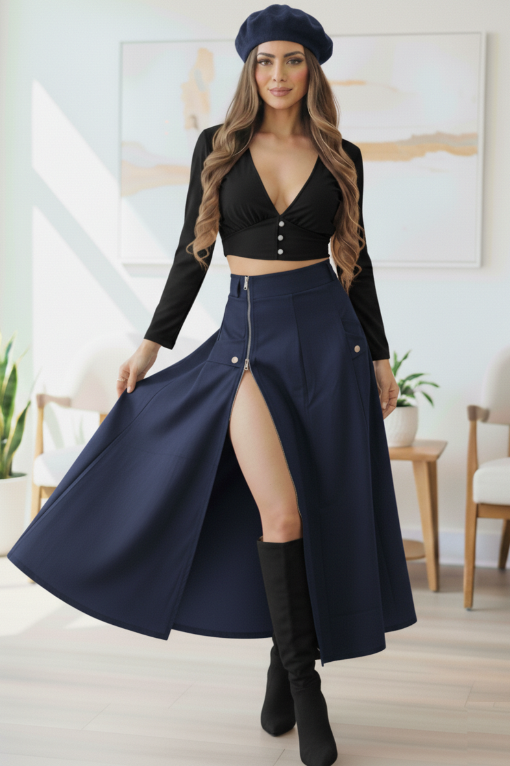 Conjunto Blusa cuello V y Falda larga