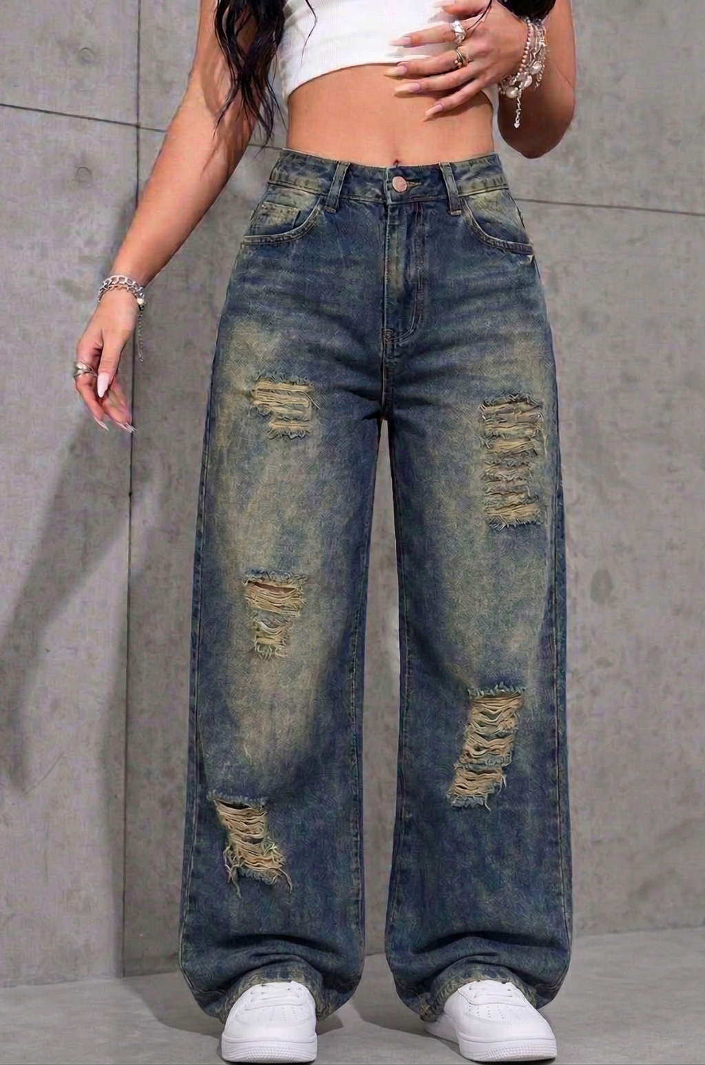 Jean Baggy Tiro Alto con Rotos Para Mujer