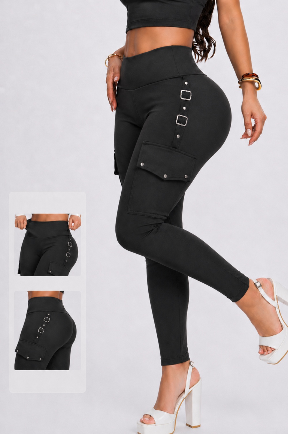 Leggins ajustados tipo cargo negro con bolsillos laterales y hebillas