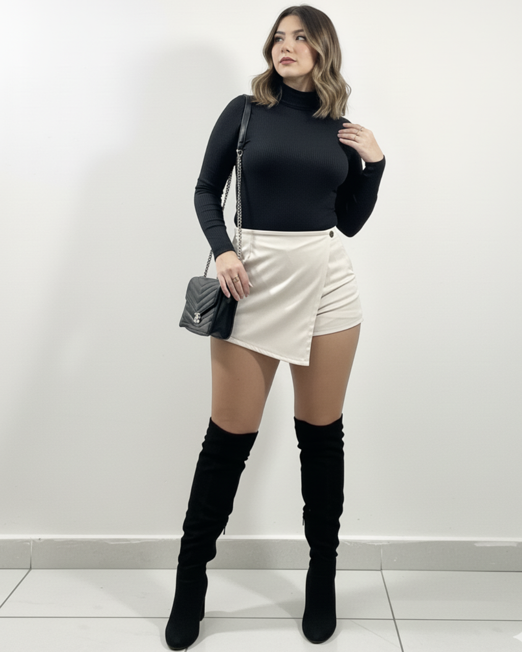 Conjunto Blusa cuello y Falda Short Gamuza