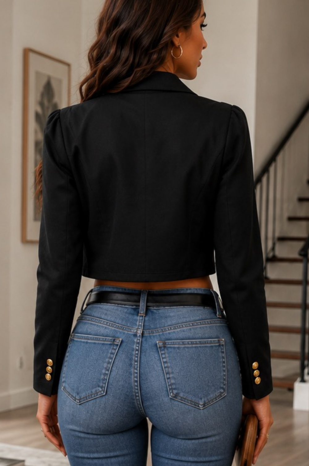 Blazer Crop Negro Manga Larga con Solapa