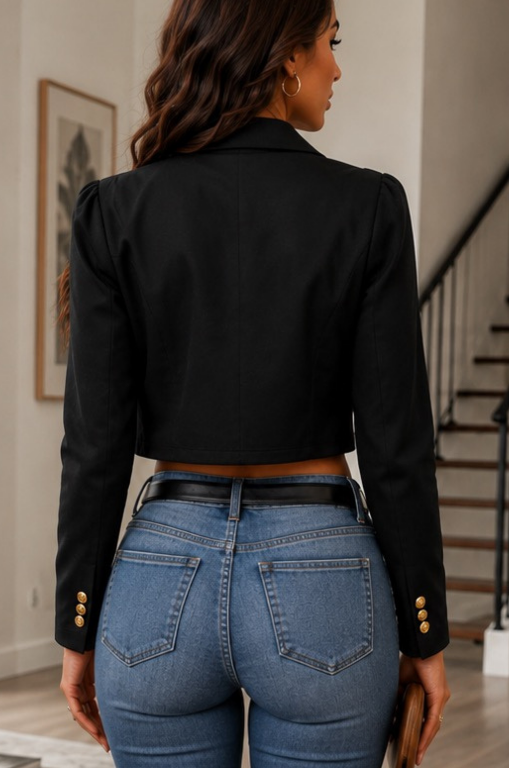 Blazer Crop Negro Manga Larga con Solapa