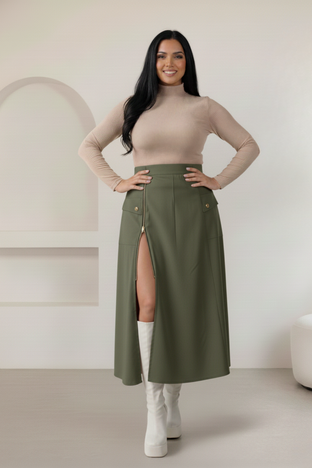 Conjunto Falda larga Cremallera y Blusa cuello alto