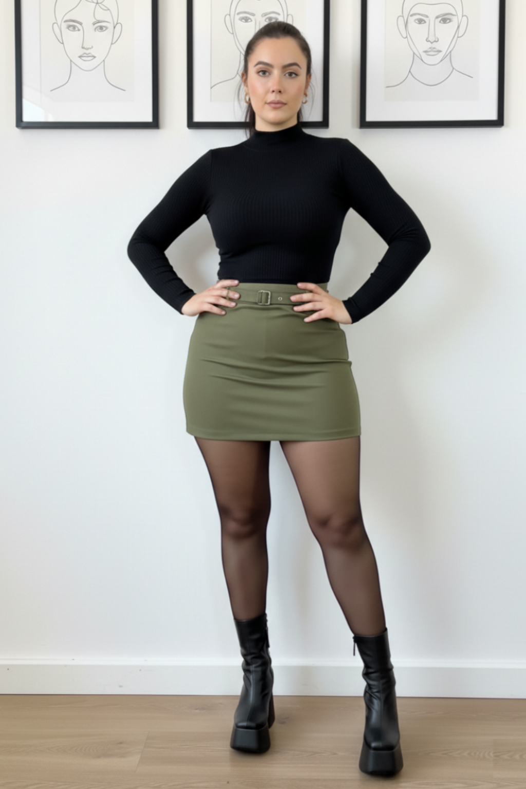 Conjunto Blusa cuello alto y Falda con correa