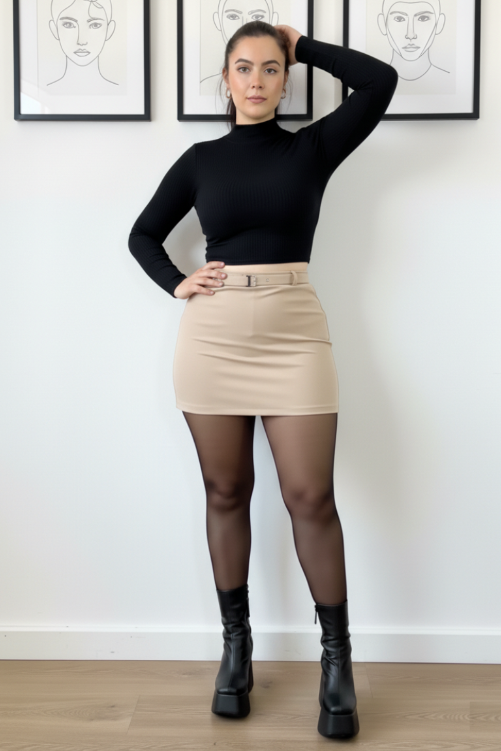 Conjunto Blusa cuello alto y Falda con correa