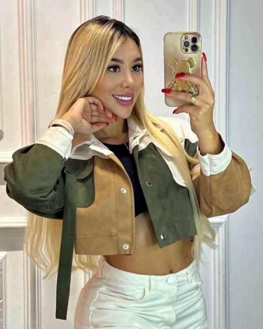 Chaqueta Clasica Para Mujer Combinada  En Gamuza