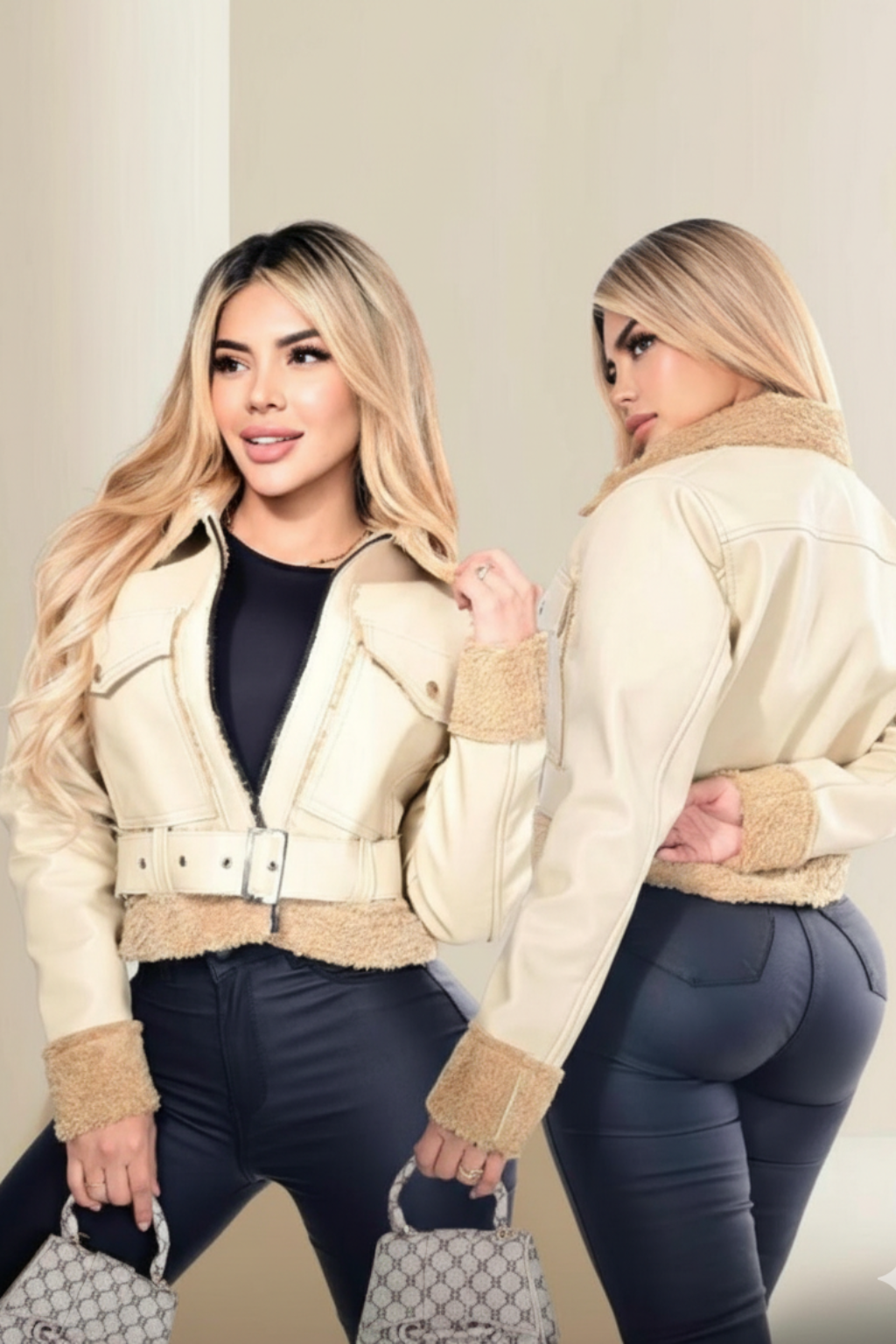 Chaqueta Cuero Sintético Y Ovejero Para  Mujer