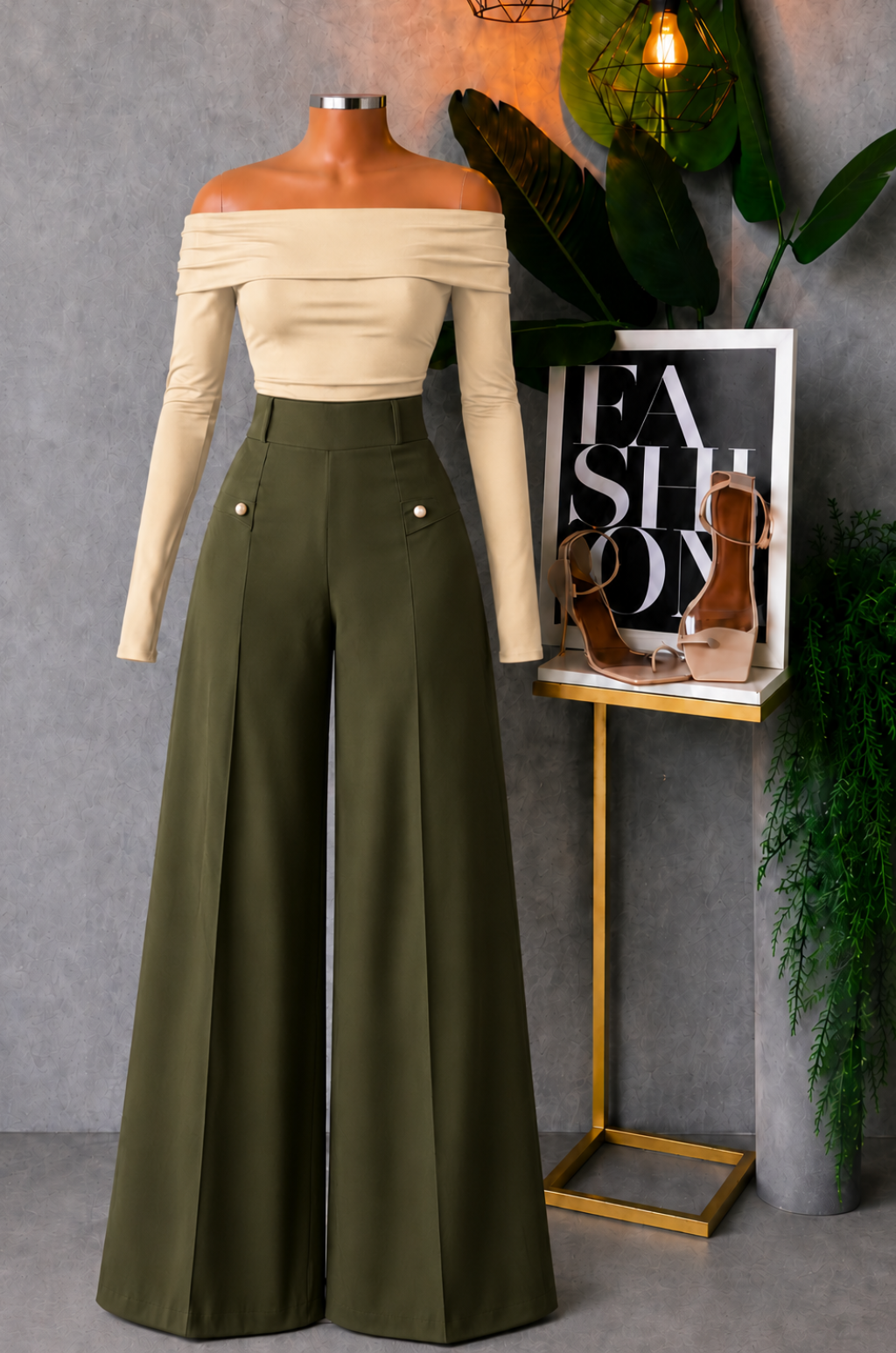 Conjunto de Pantalon Palazo tiro Alto + Blusa Cuello Bandeja