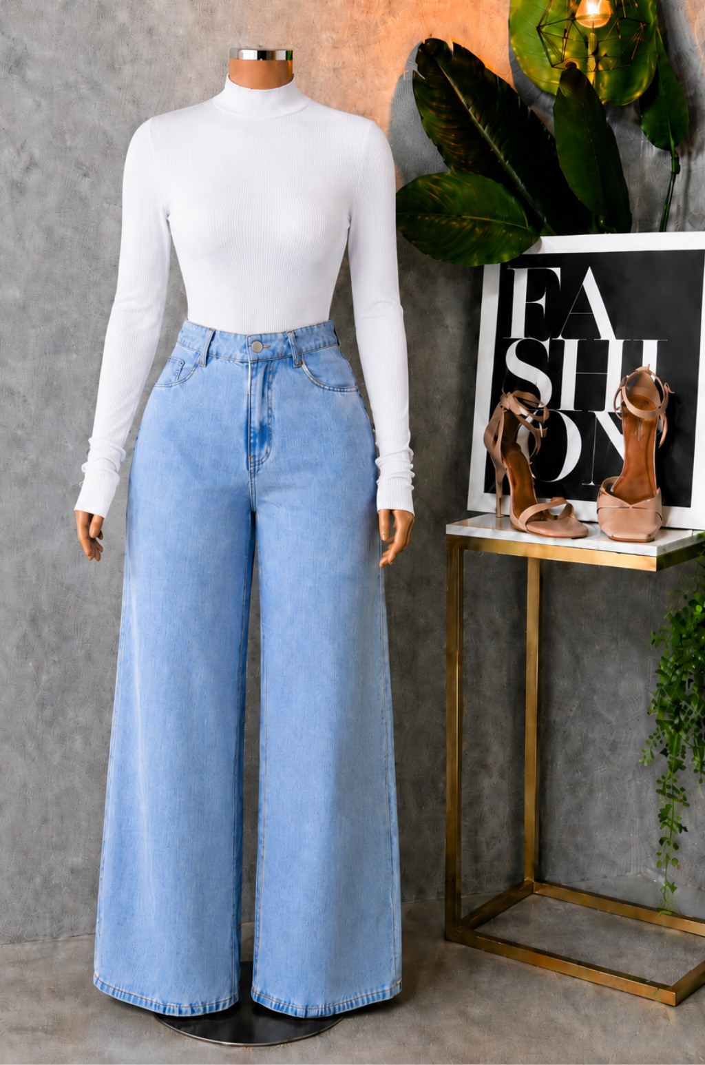 Conjunto de Pantalo de Jean Bota recta + Blusa Cuello Alto