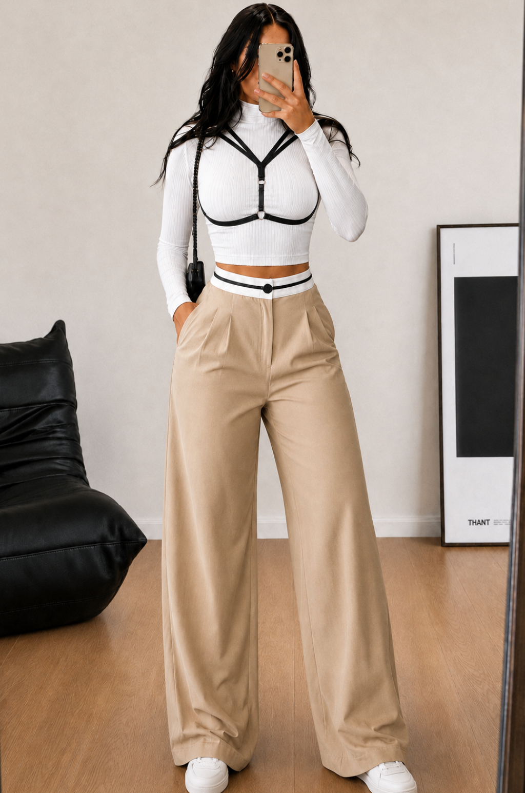Conjunto 3 Piezas Blusa  Acanalada Cuello Alto + Arnés con Aros + Pantalón Bota Ancha