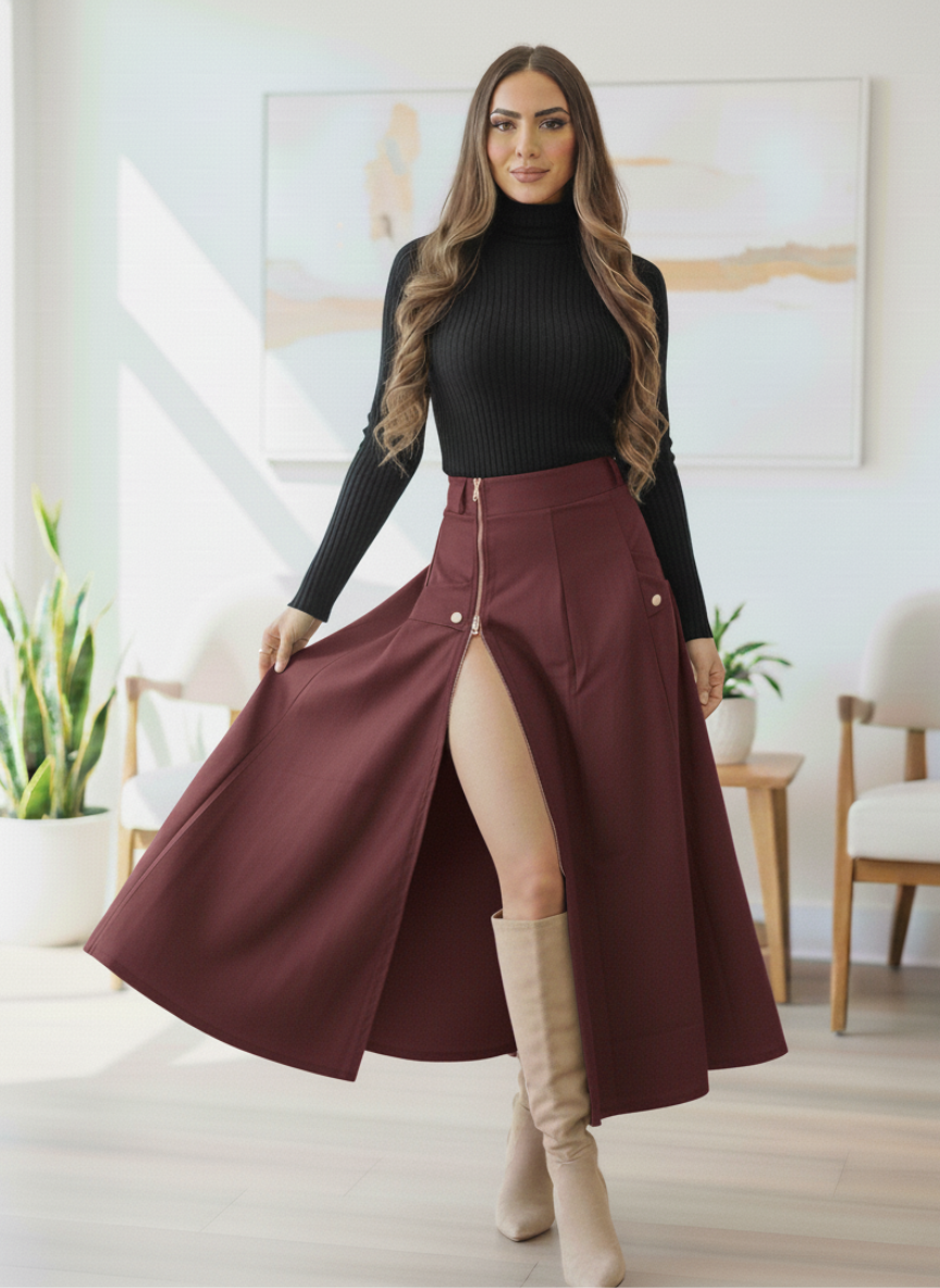 Conjunto Falda larga Cremallera y Blusa cuello alto