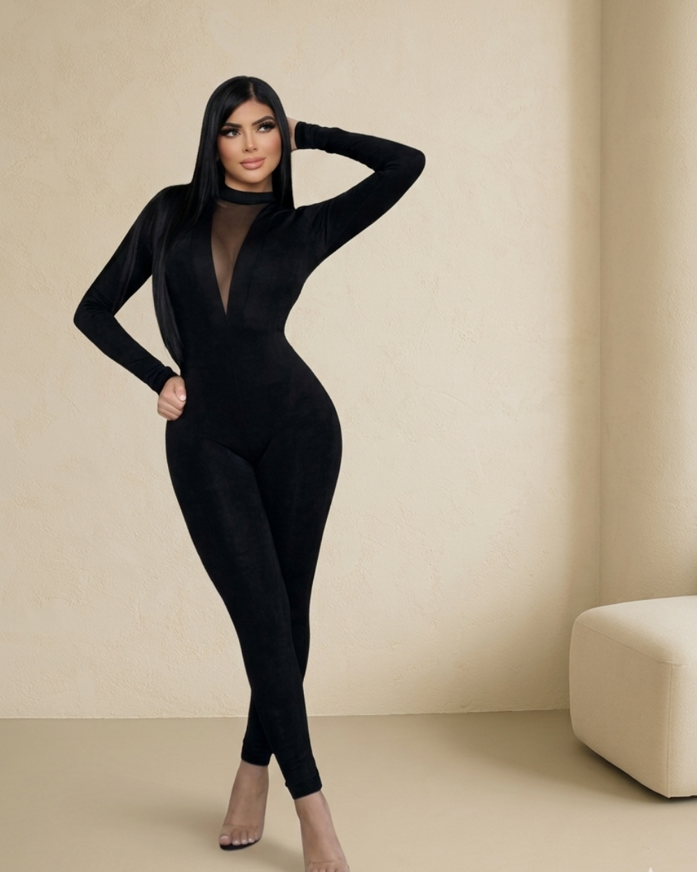 Enterizo Moldeador Manga Larga Cuello Redondo con Transparencia en V