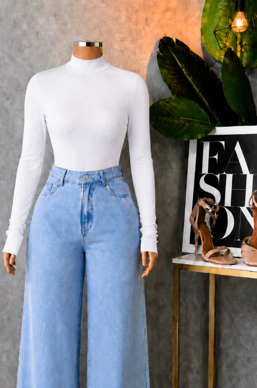 Conjunto de Pantalo de Jean Bota recta + Blusa Cuello Alto