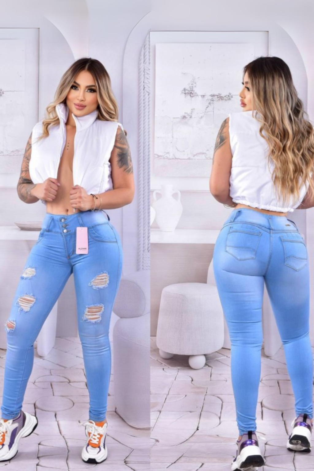 Pantalon  Skinny Con Rotos 3 botones y  Con Bolsillo