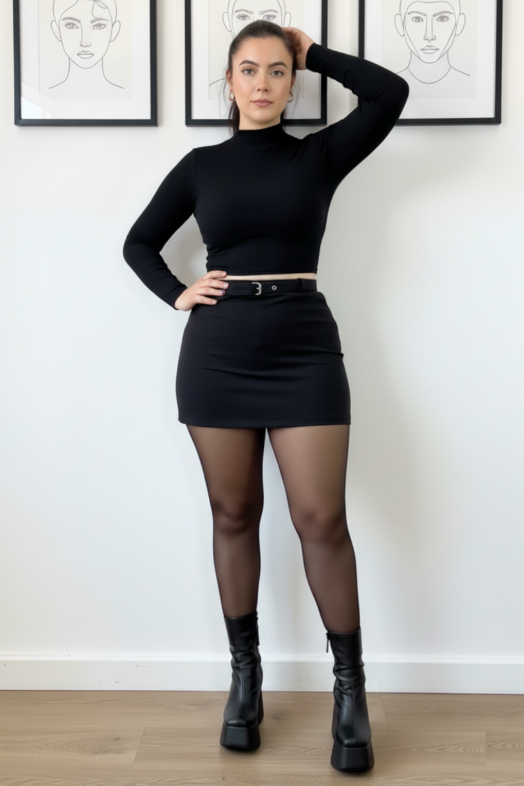 Conjunto Blusa cuello alto y Falda con correa