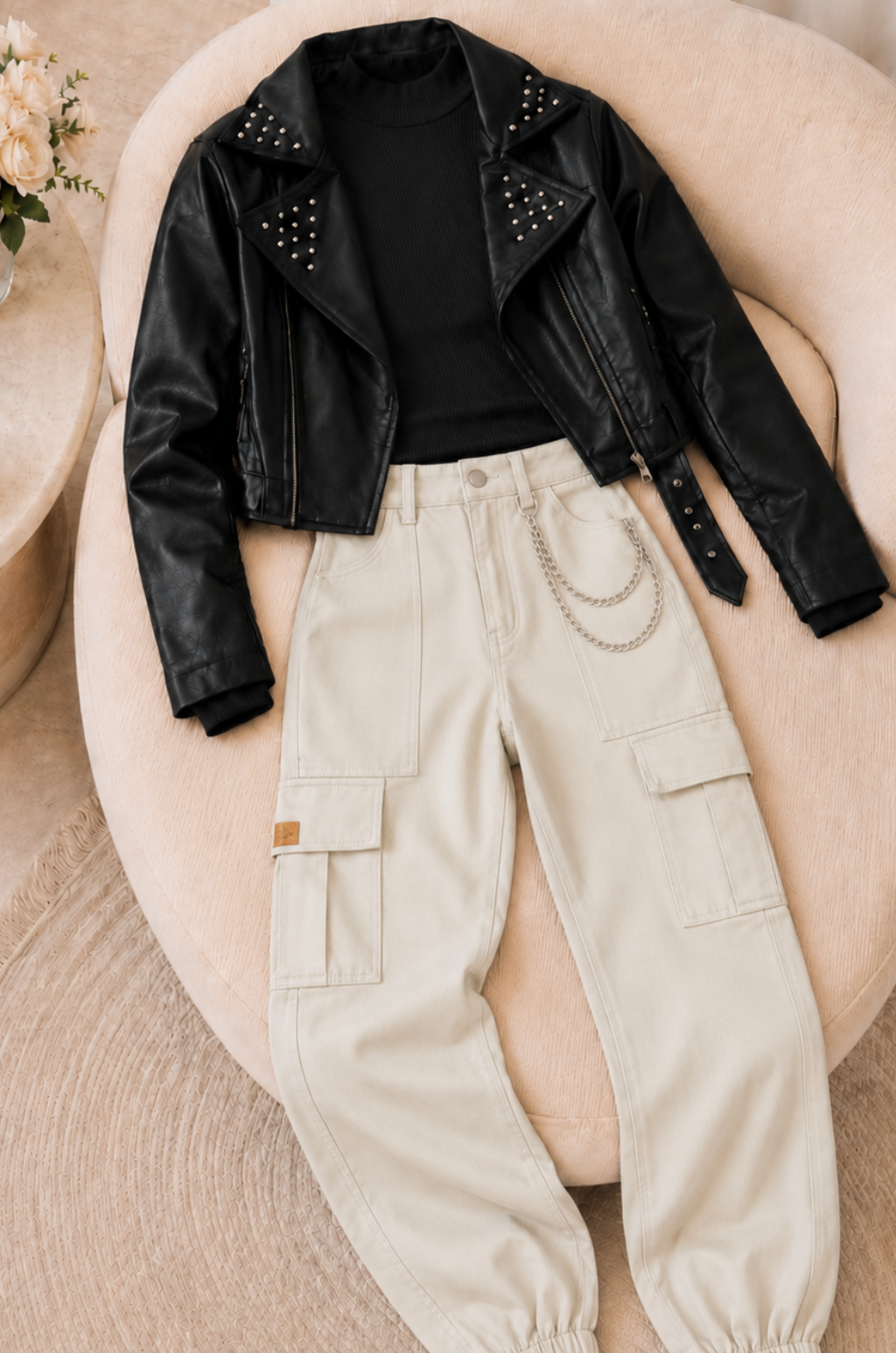 Conjunto de Chaqueta Chamarra + Pantalon Cargo + Blusa cuello Alto