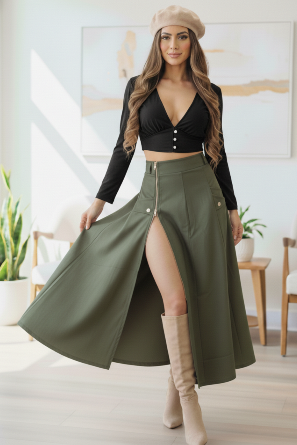 Conjunto Blusa cuello V y Falda larga