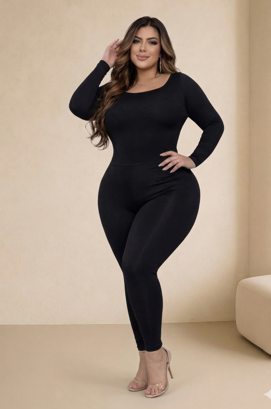 Enterizo Modelador de Manga Larga con Escote En U  Talla Plus