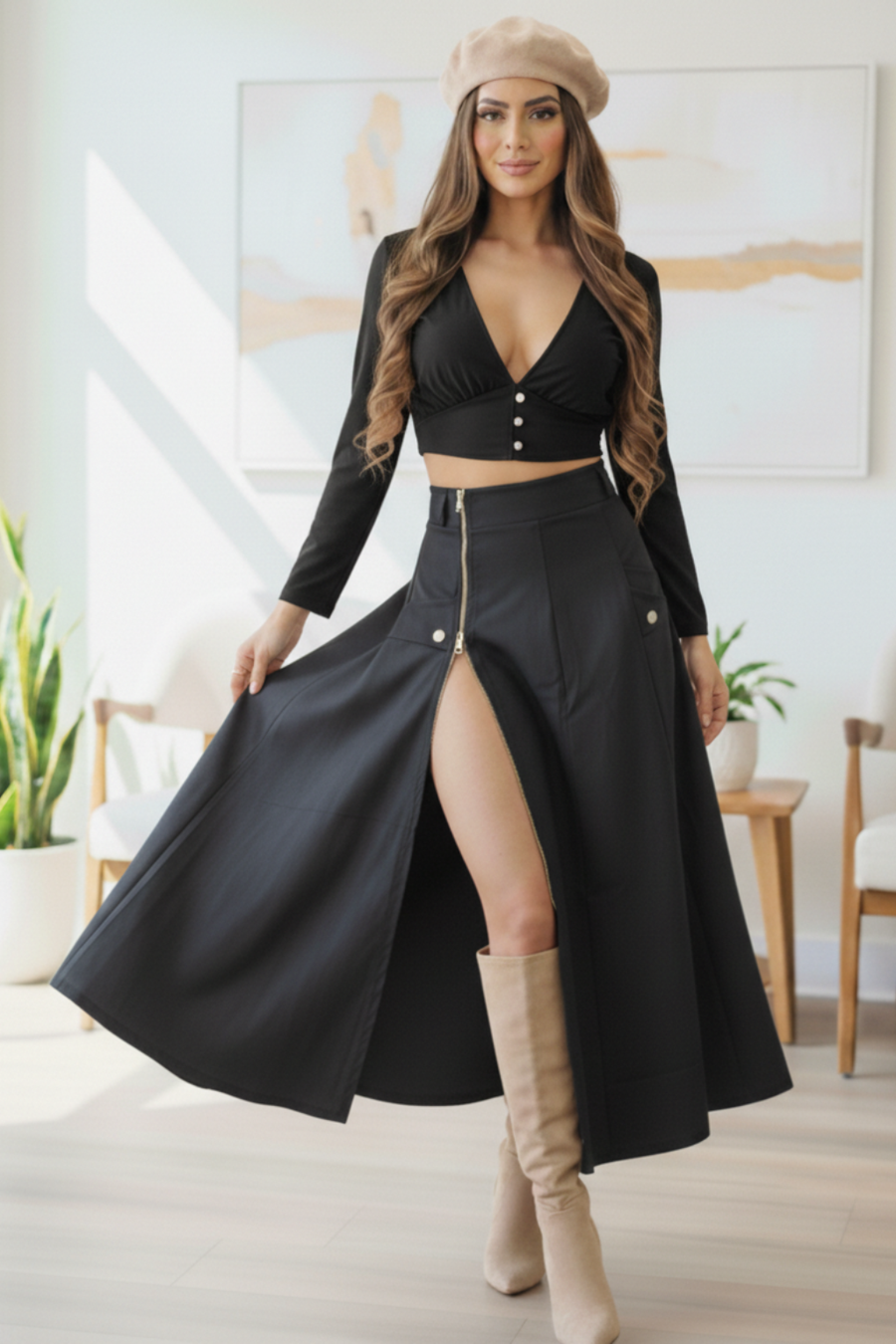 Conjunto Blusa cuello V y Falda larga