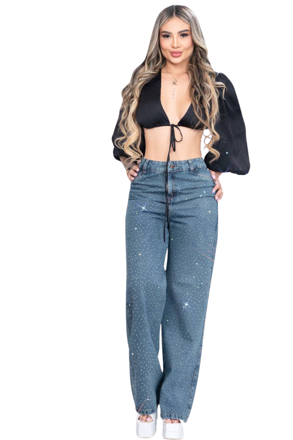 Jean tiro alto, bota recta con brillos