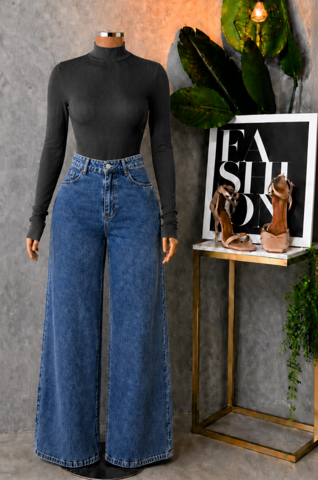 Conjunto de Pantalo de Jean Bota recta + Blusa Cuello Alto