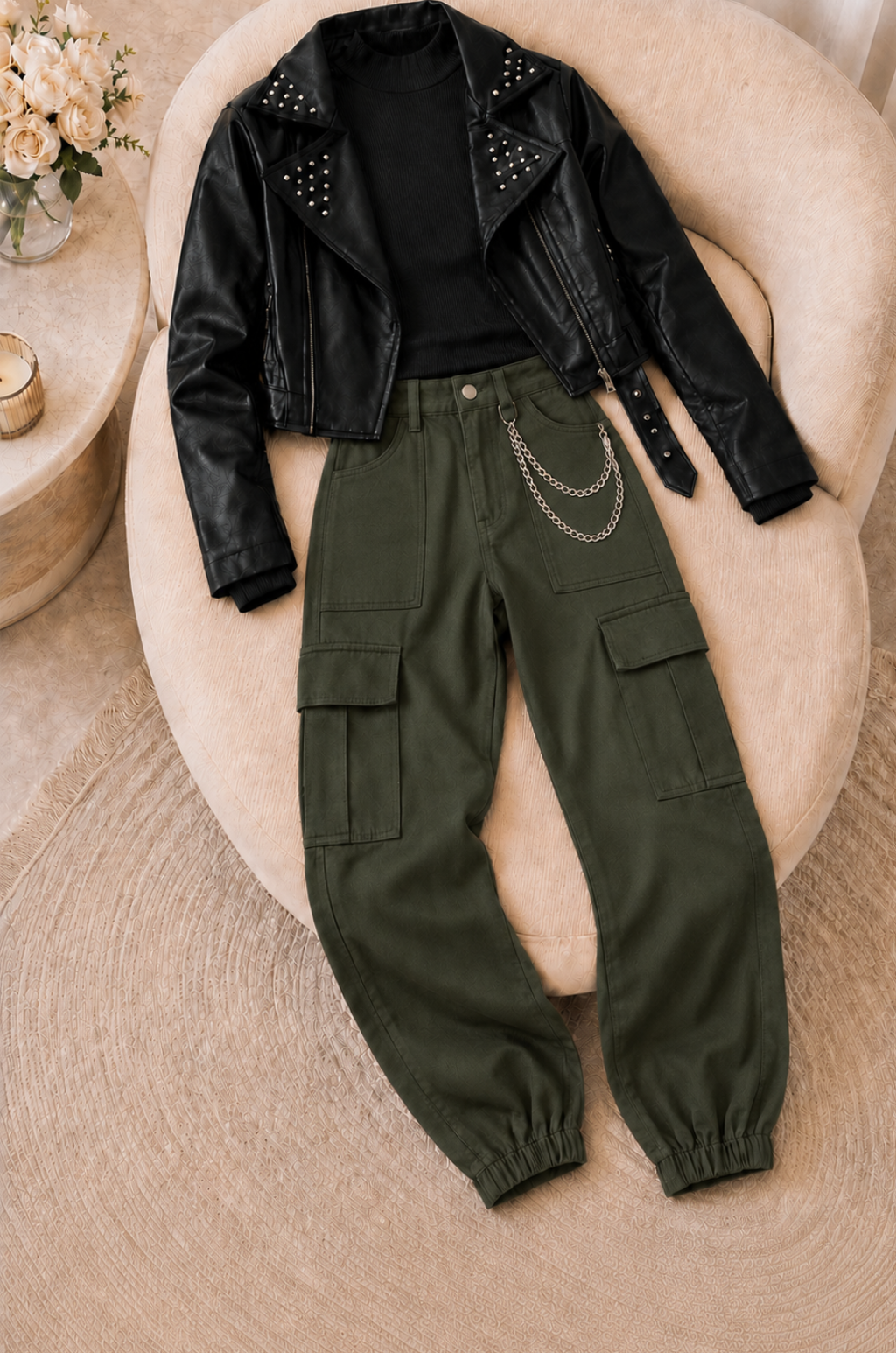 Conjunto de Chaqueta Chamarra + Pantalon Cargo + Blusa cuello Alto