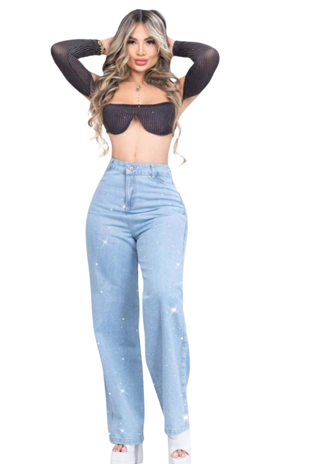 Jean tiro alto, bota recta con brillos