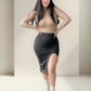 Conjunto Falda larga con abertura y Blusa cuello alto