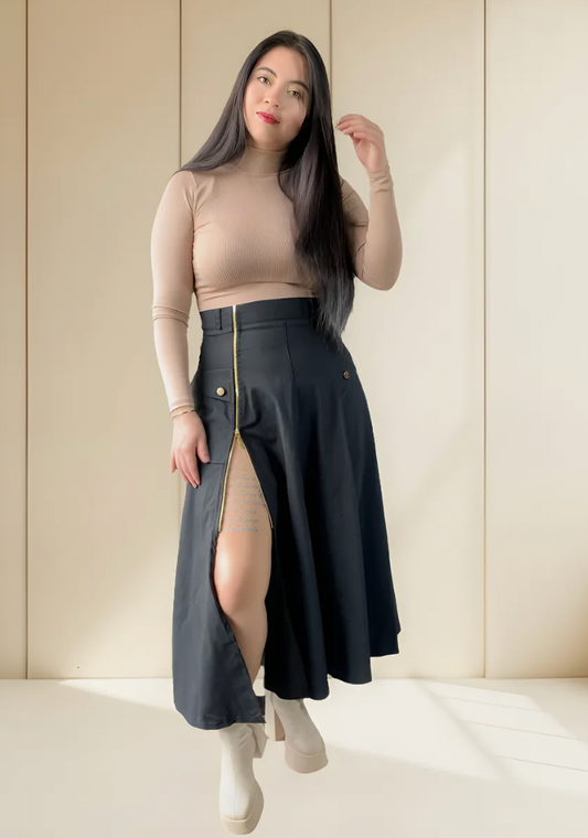 Conjunto Falda larga Cremallera y Blusa cuello alto