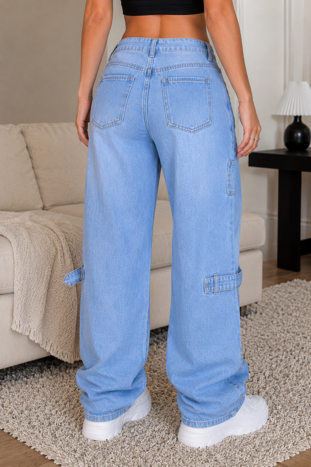 Jean Baggy Cargo Tiro Alto con Correas  Azul
