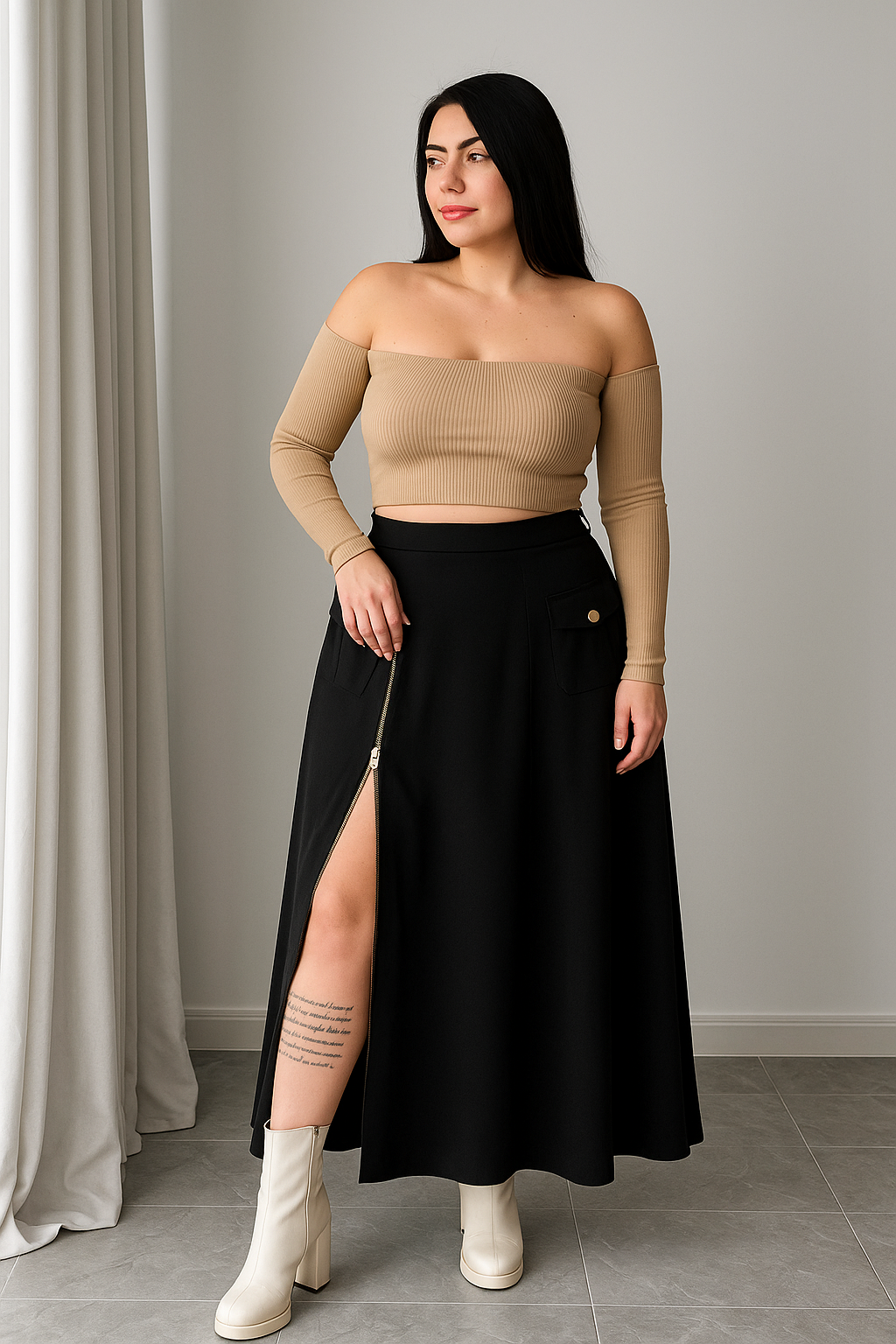 Conjunto Blusa Cuello Bandeja y Falda larga