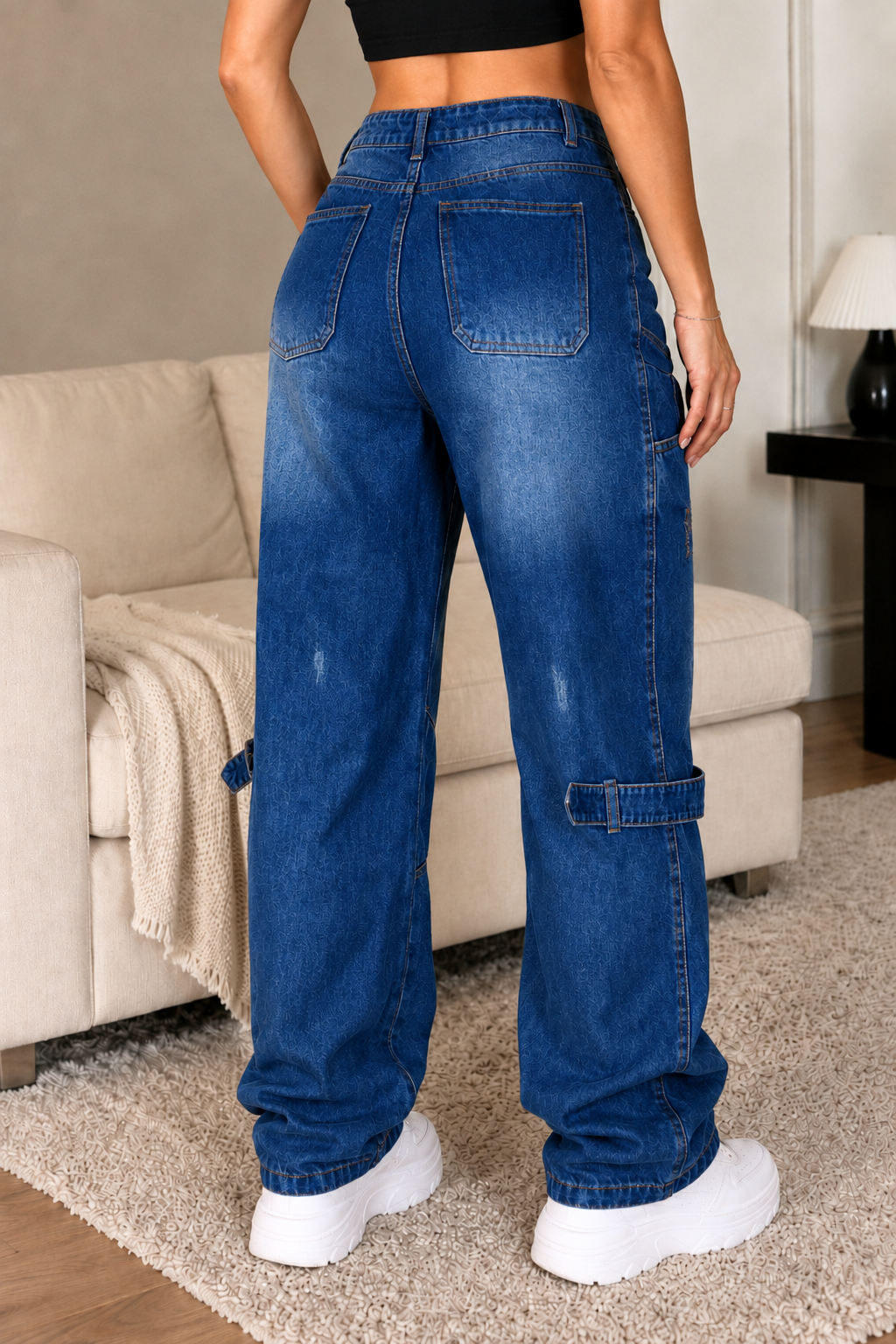 Jean Baggy Cargo Tiro Alto con Correas  Azul Medio