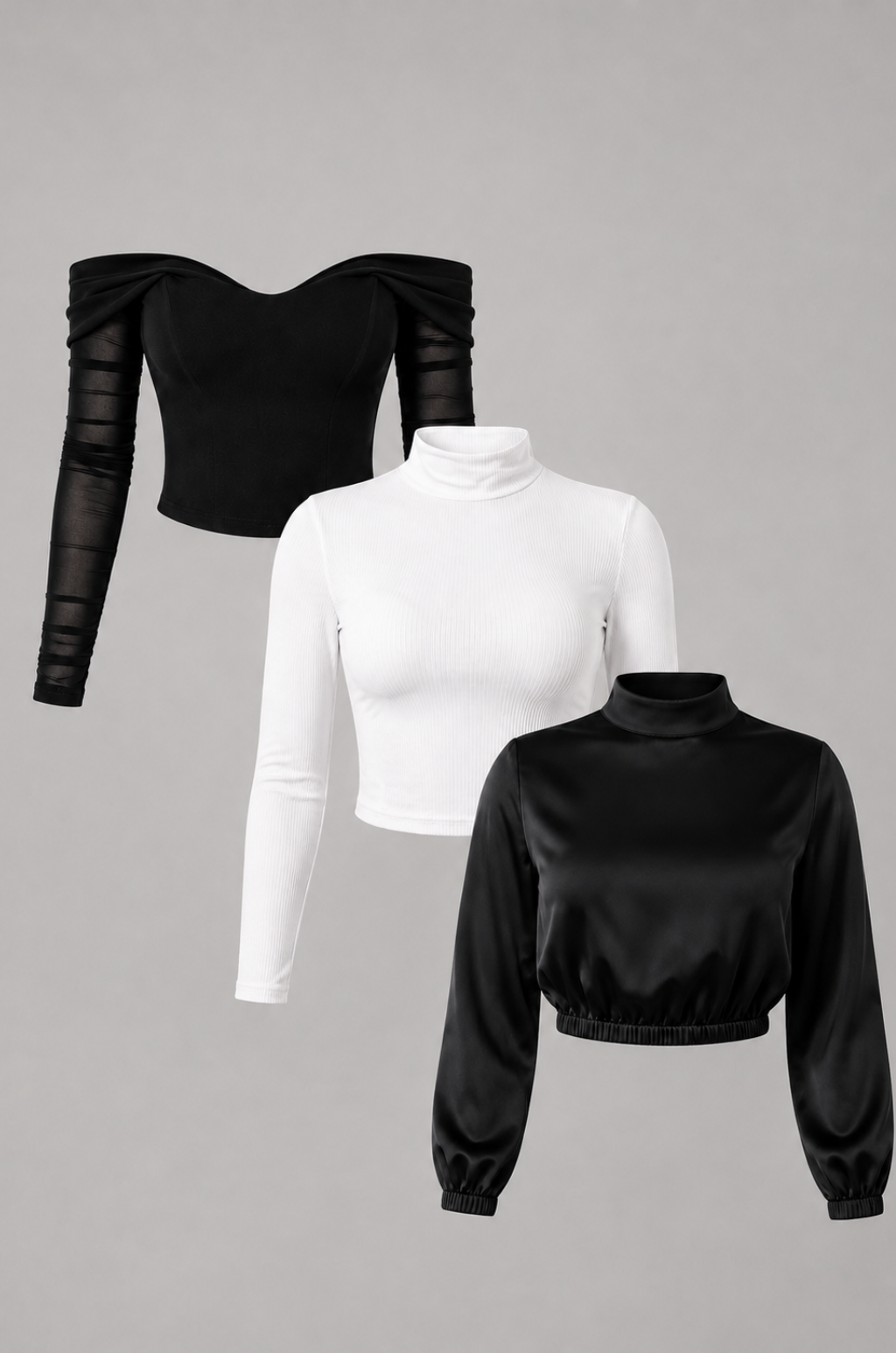 Set de 3 Blusas Manga Larga: Hombros Descubiertos, Cuello Alto y Crop Satinado
