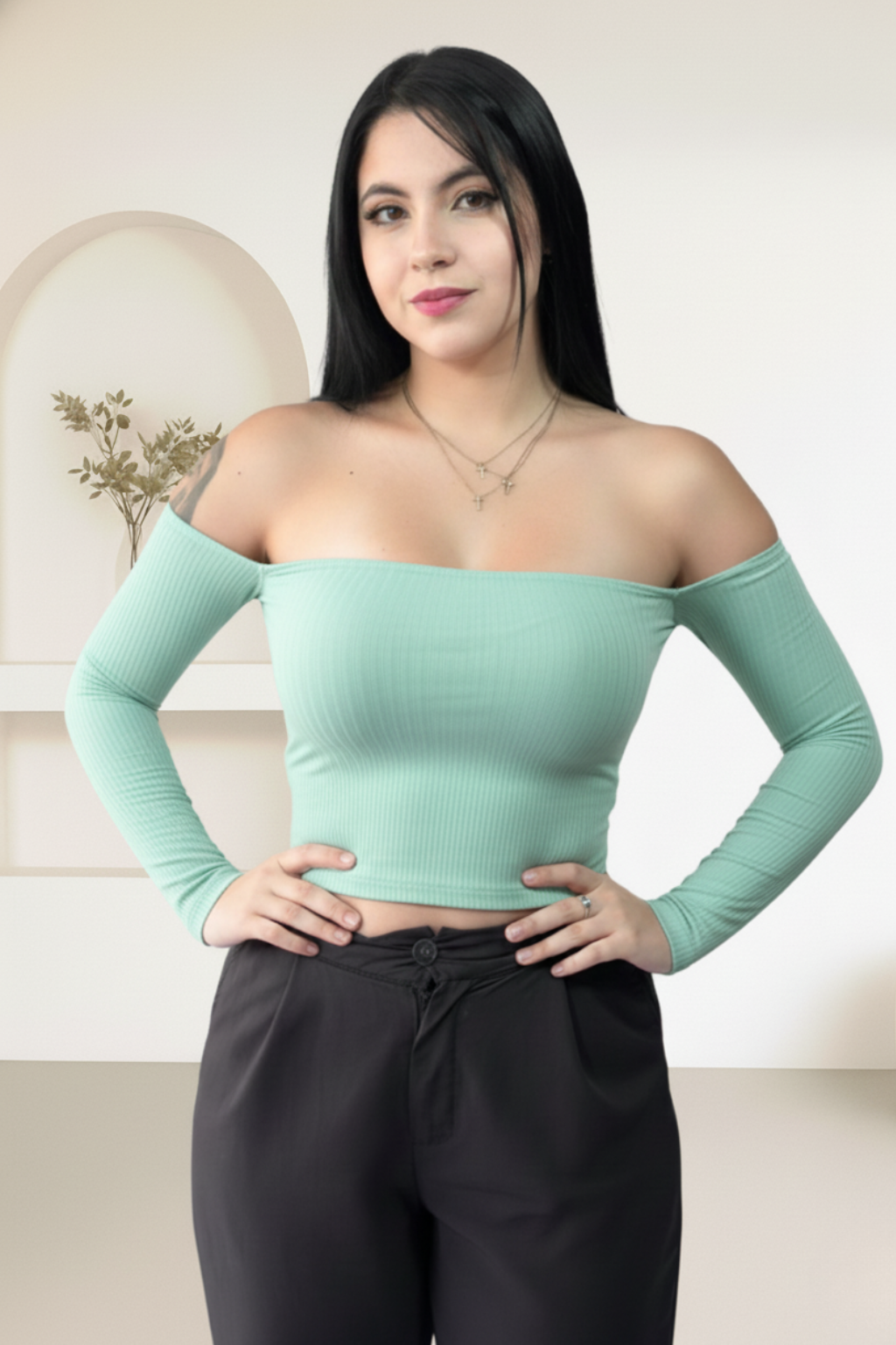 Blusa Cuello Bandeja Manga Larga Para Mujer