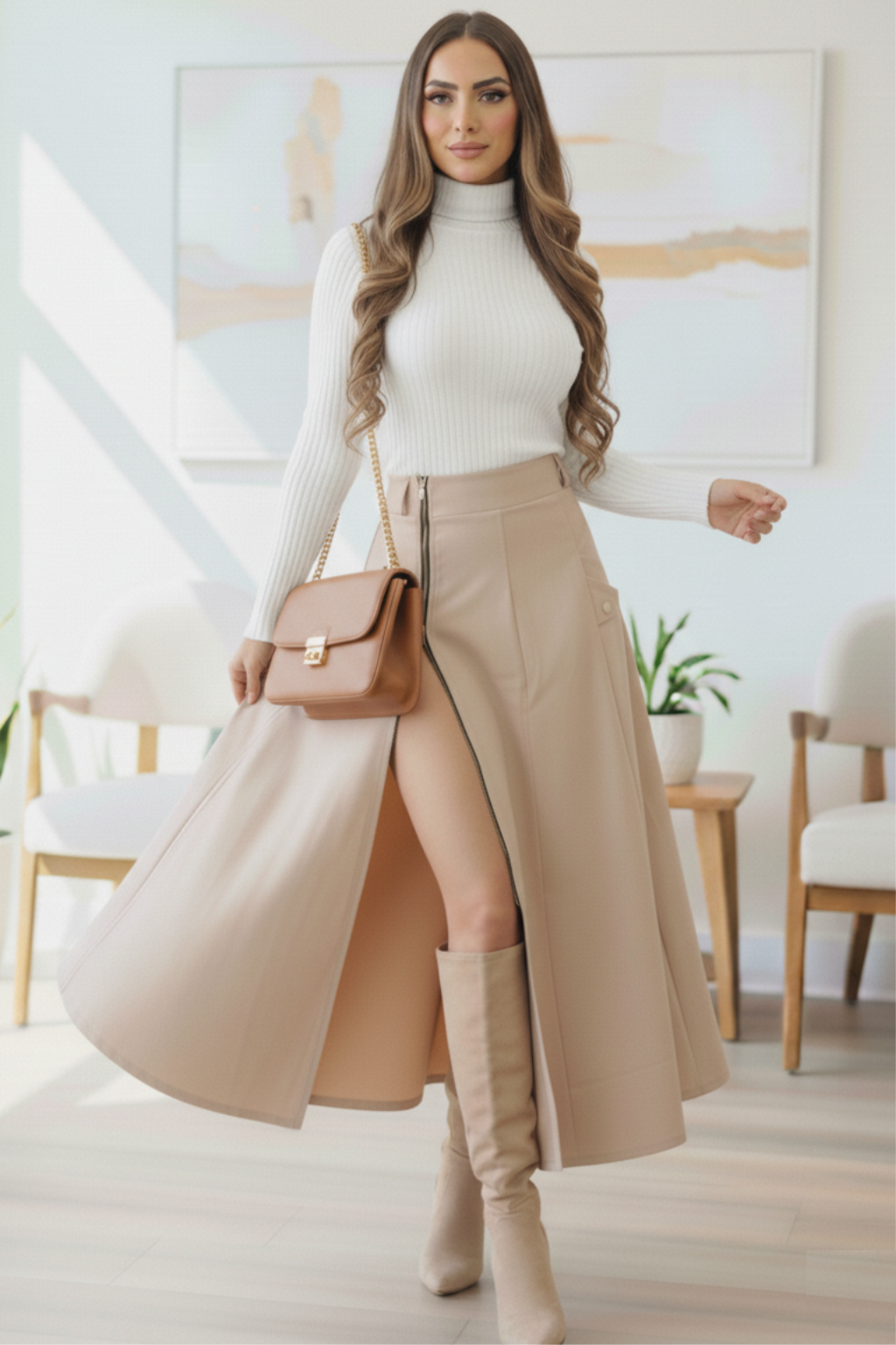 Conjunto Falda larga Cremallera y Blusa cuello alto