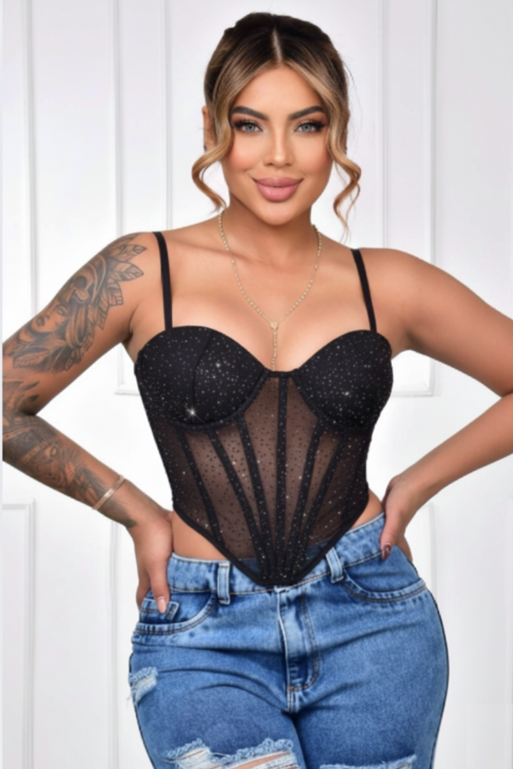 Corset Negro con Malla y Brillos Mujer