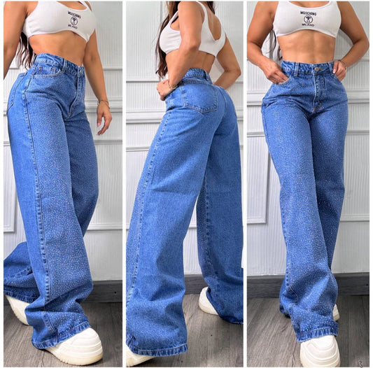 Pantalon De Jean Bota Recta Brillante Tiro Alto