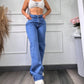 Pantalon De Jean Bota Recta Brillante Tiro Alto