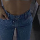 Pantalon De Jean Bota Recta Brillante Tiro Alto